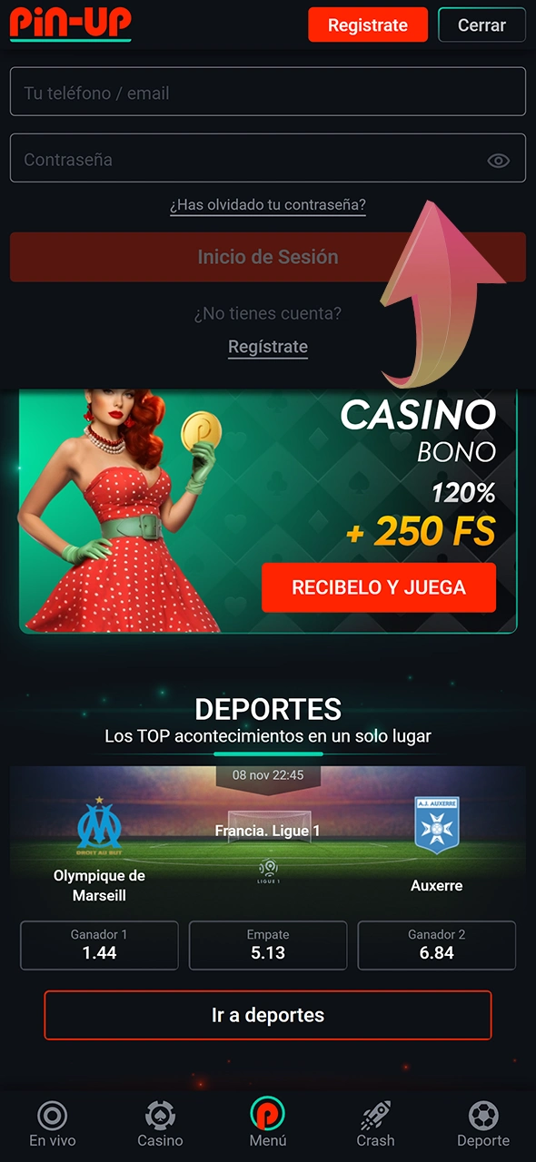 Para empezar, accede a tu cuenta o regístrate en Pin-Up Casino.