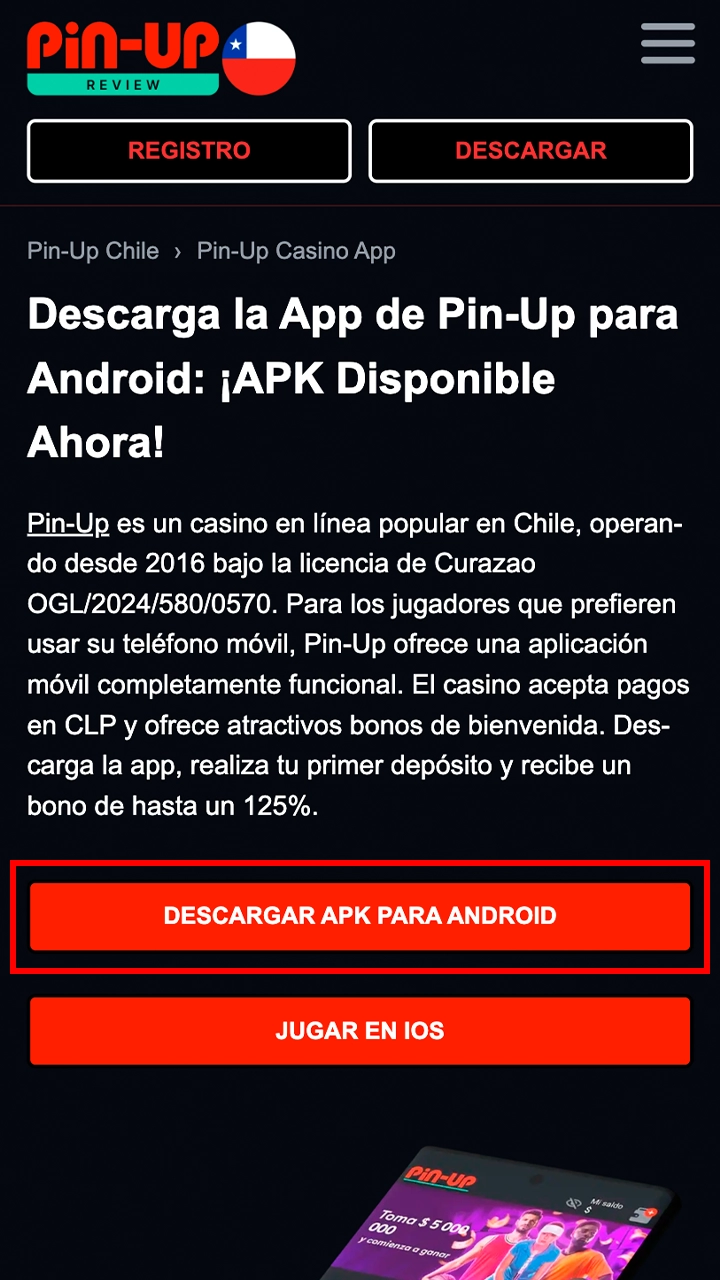 Busca y pulsa el botón de descarga de la aplicación móvil Pin-Up.